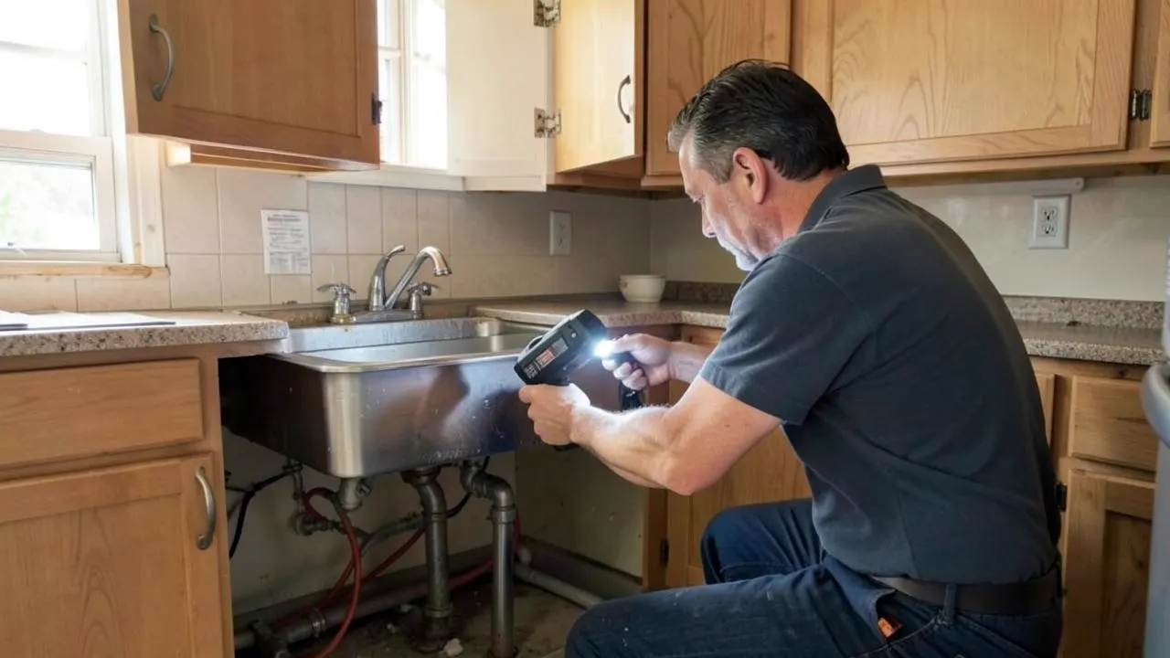 Plumber inspecting pipework under a kitchen sink