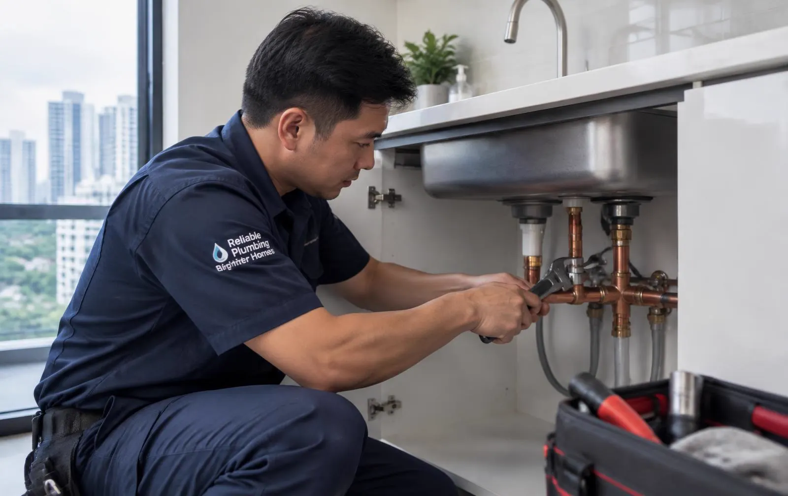 Professional plumber working on pipework in a Singapore home